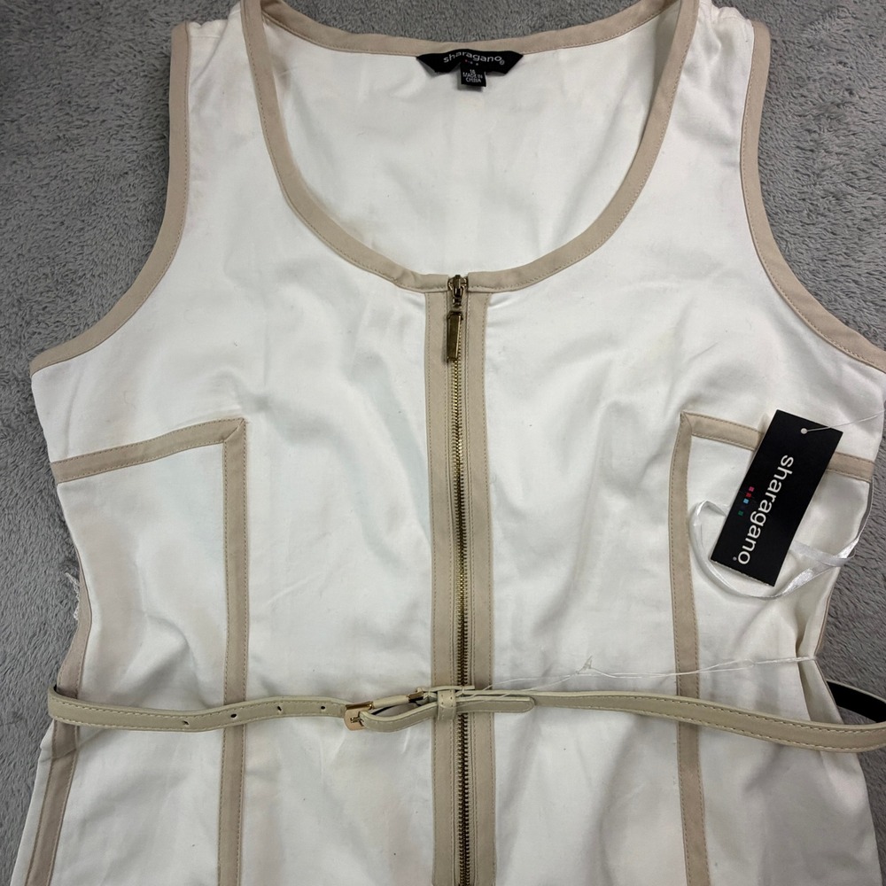 NWT Sharagano Womens White Tan Belted Zip Front Sleeveless Sheath Dress Size 16 - Picture 6 of 14